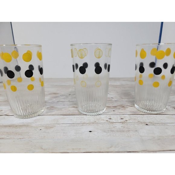 1950s Hazel Atlas Polka Dot Tallboy Glasses Anchor Hocking Polka Dots Yellow Blk - Picture 3 of 8